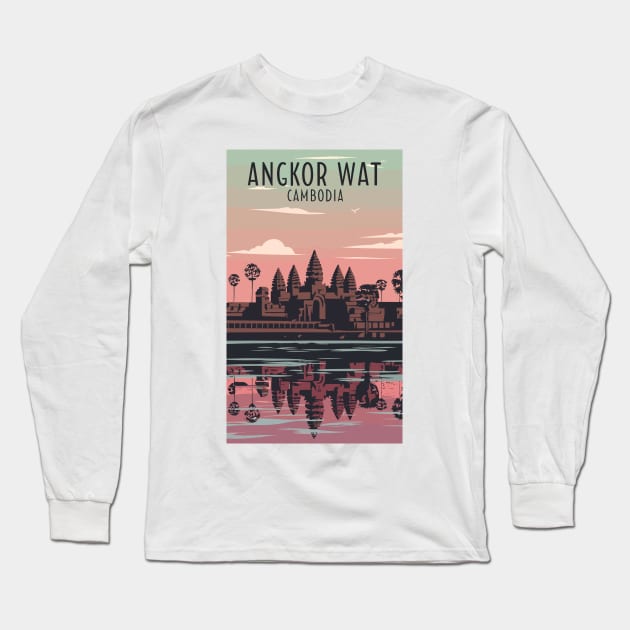 A Vintage Travel Art of Angkor Wat - Cambodia Long Sleeve T-Shirt by goodoldvintage